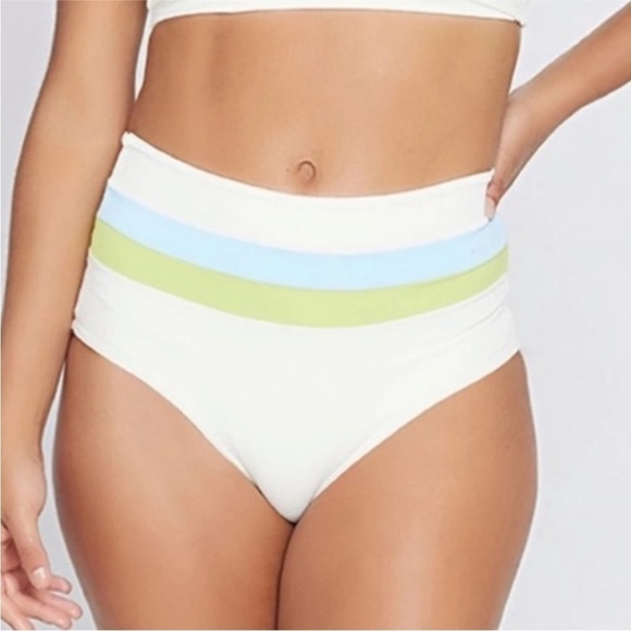 L*Space Portia Stripe Bikini Bottom Cream/Sky Blue/Kiwi NWOT - Picture 1 of 7